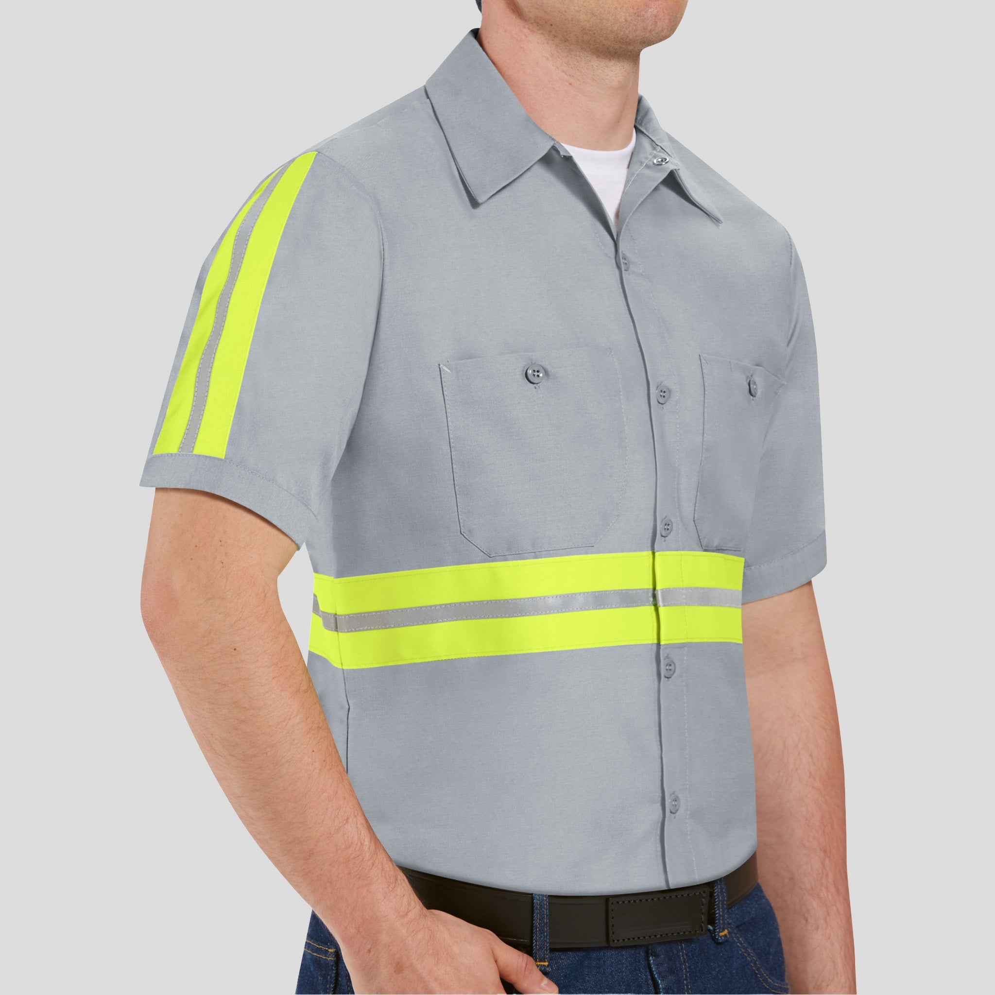 Men's Short Sleeve Enhanced Visibility Industrial Work Shirt | Grey w/ Yellow Visibility Trim